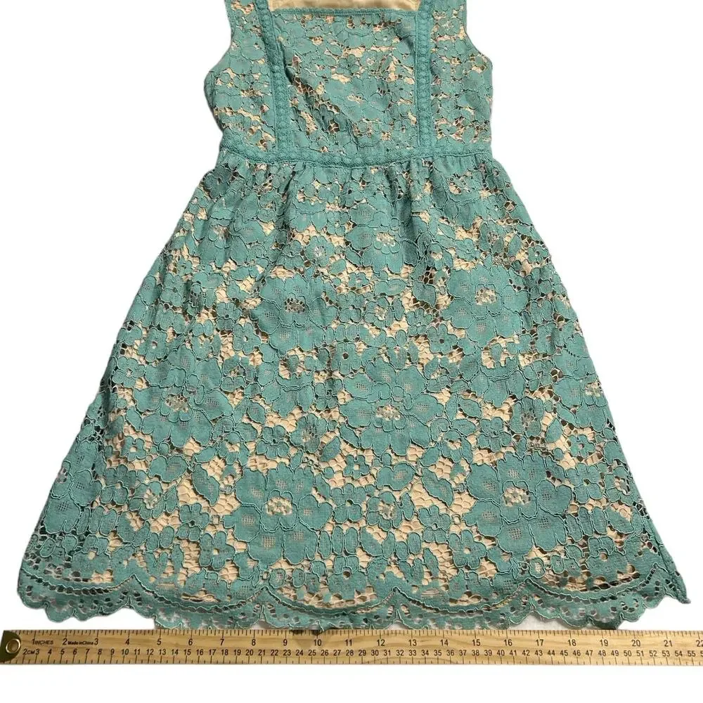 Chelsea & Violet Teal Lace Dress Nude Lined Sleeveless Square Neck Fit Flare XS - Picture 14 of 16
